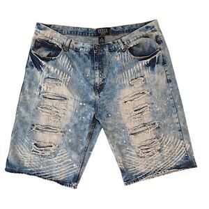 Thrashed Distress Edgy Big Men Sz 48 Long Shorts Denim Rip Holes Oversized Boxy